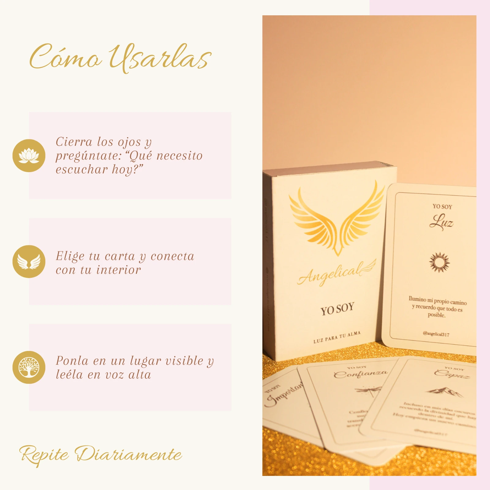 Cartas Angelical YO SOY en cuatro momentos de conexión